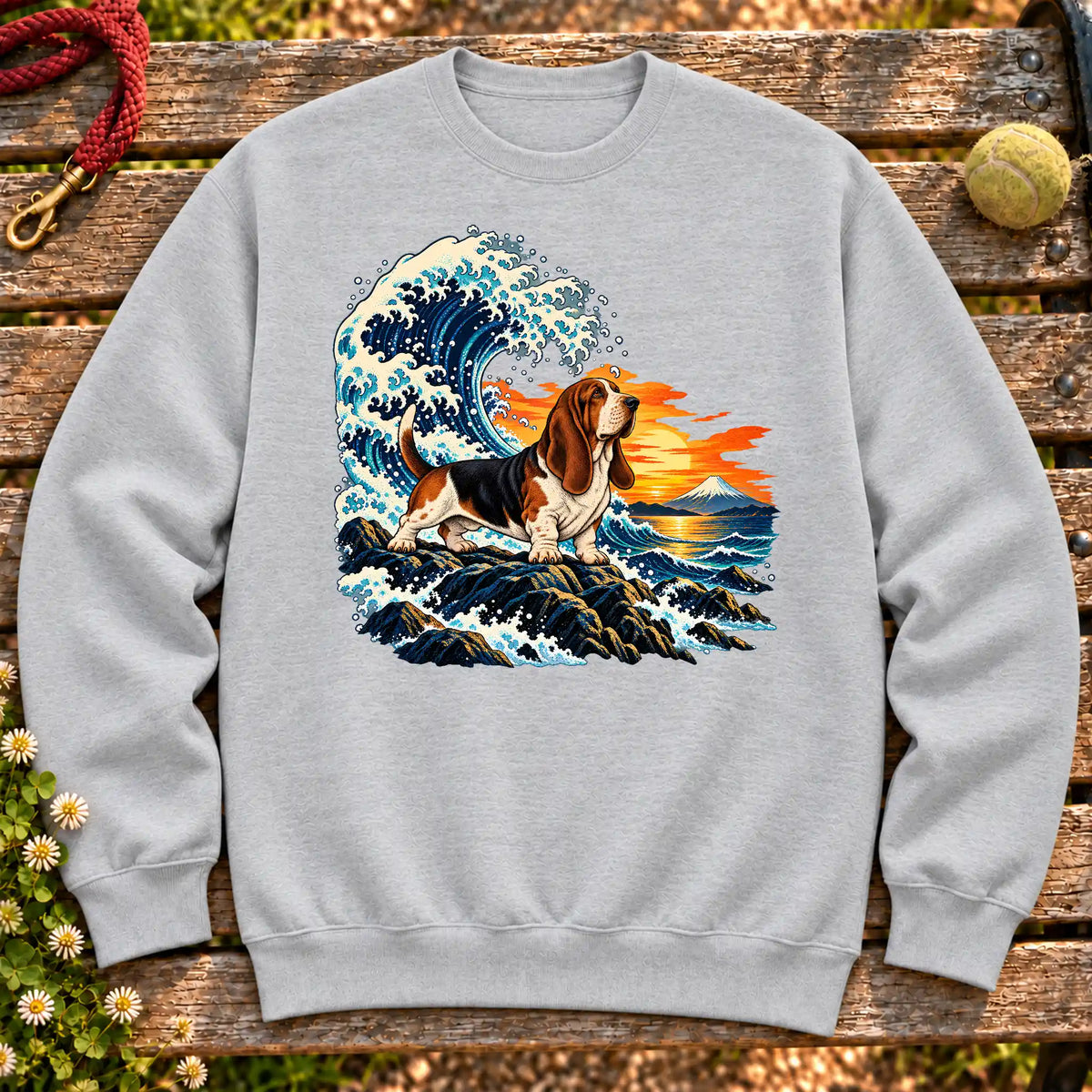 Basset Hound dog with ocean waves, sunset and Mount Fuji on a Sport Grey Gildan crewneck sweatshirt