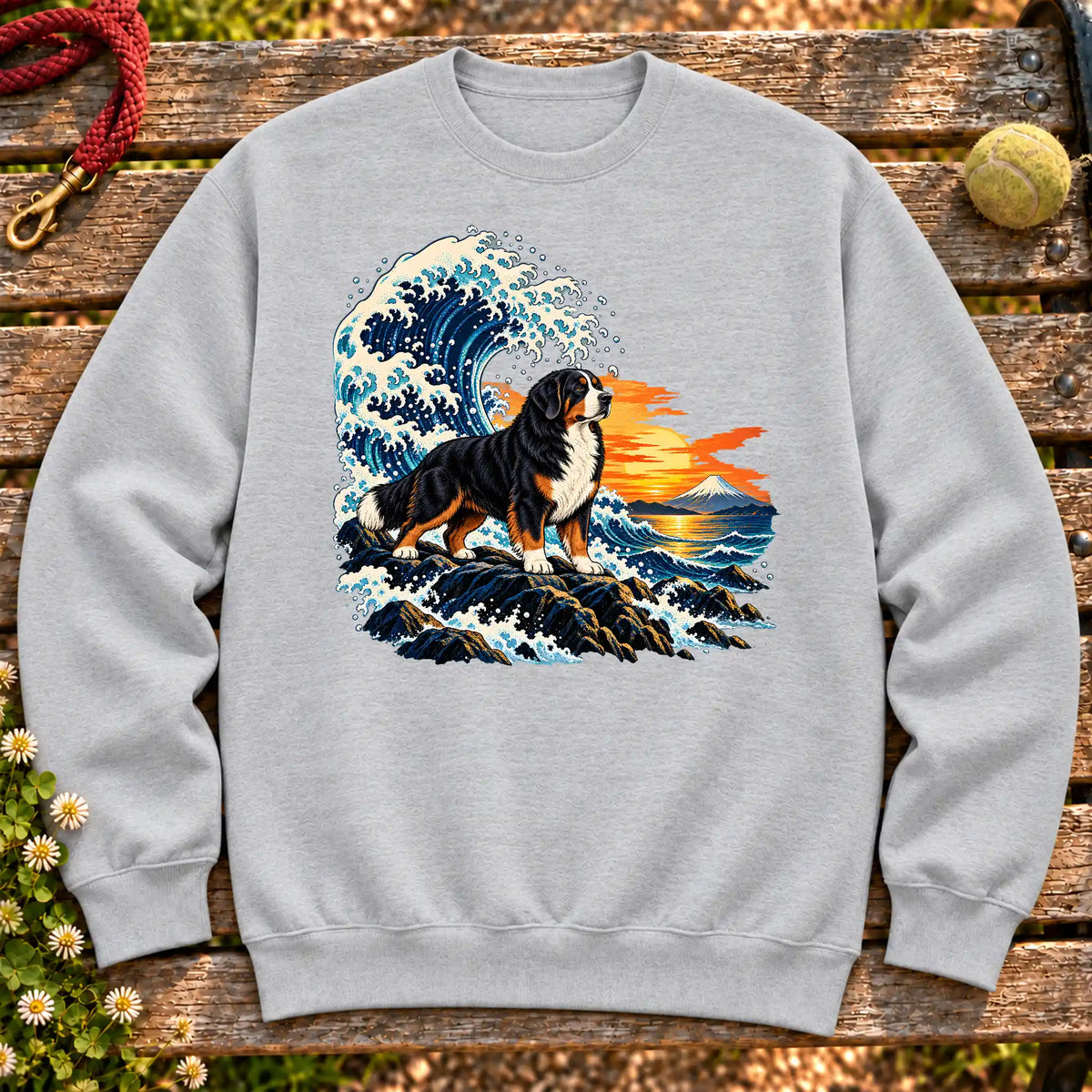 Bernese Mountain Dog dog with ocean waves, sunset and Mount Fuji on a Sport Grey Gildan crewneck sweatshirt