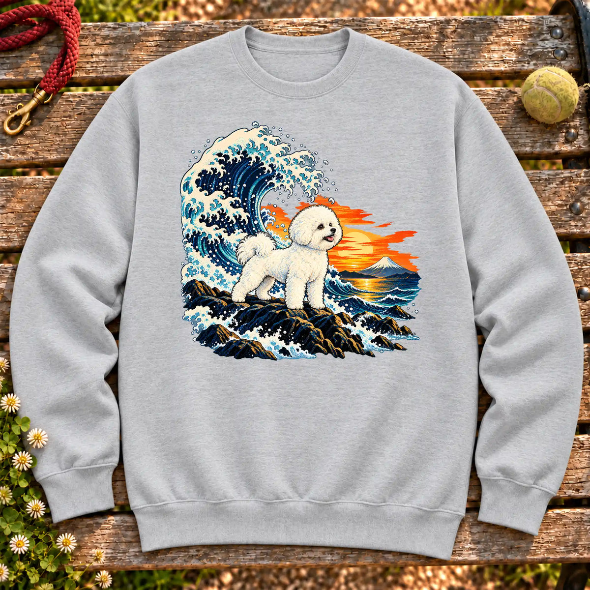 Bichon Frise dog with ocean waves, sunset and Mount Fuji on a Sport Grey Gildan crewneck sweatshirt