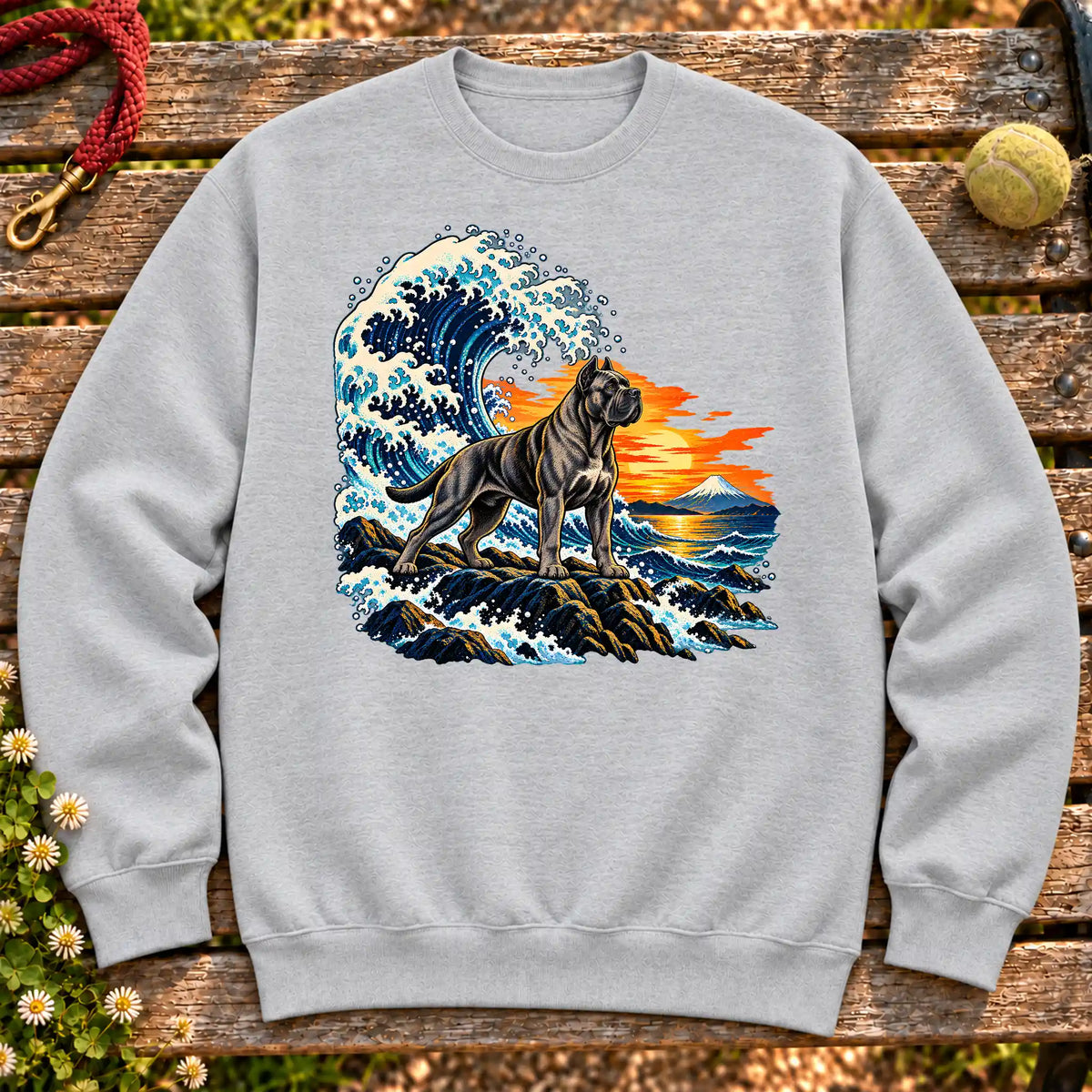 Cane Corso dog with ocean waves, sunset and Mount Fuji on a Sport Grey Gildan crewneck sweatshirt