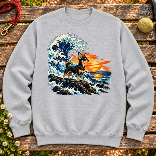 Chihuahua dog with ocean waves, sunset and Mount Fuji on a Sport Grey Gildan crewneck sweatshirt