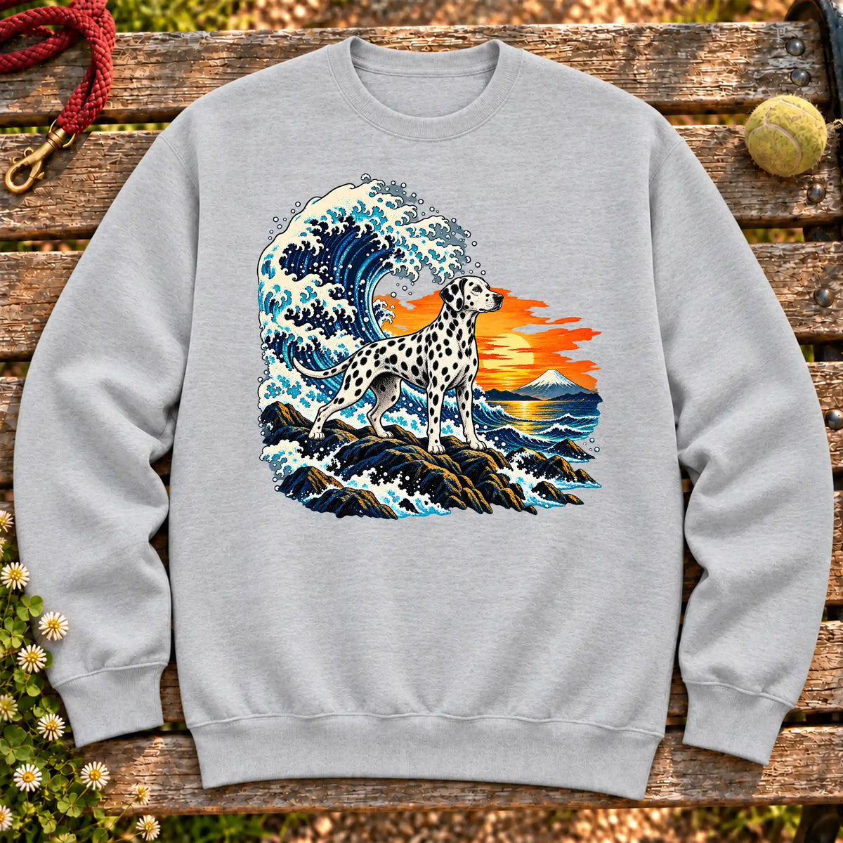 Dalmatian dog with ocean waves, sunset and Mount Fuji on a Sport Grey Gildan crewneck sweatshirt