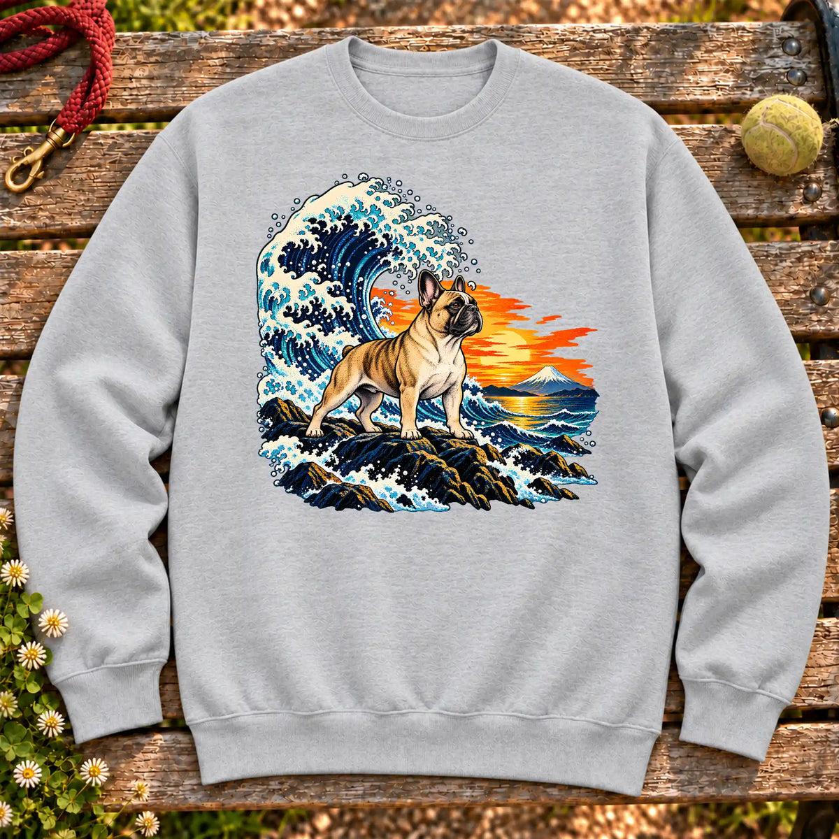 French Bulldog dog with ocean waves, sunset and Mount Fuji on a Sport Grey Gildan crewneck sweatshirt
