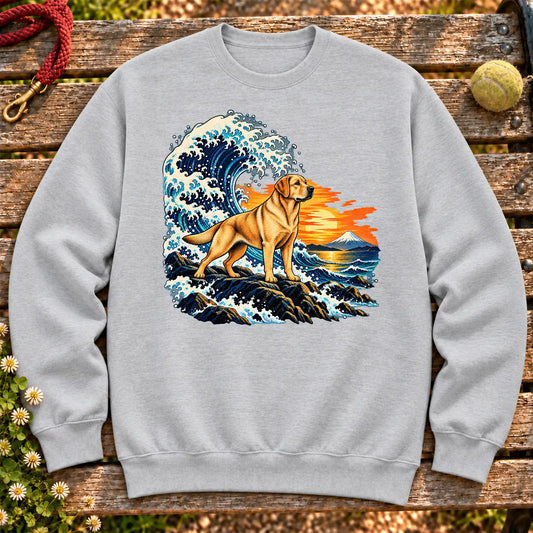 Labrador Retriever dog with ocean waves, sunset and Mount Fuji on a Sport Grey Gildan crewneck sweatshirt
