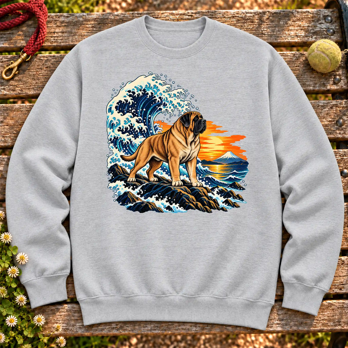 Mastiff dog with ocean waves, sunset and Mount Fuji on a Sport Grey Gildan crewneck sweatshirt
