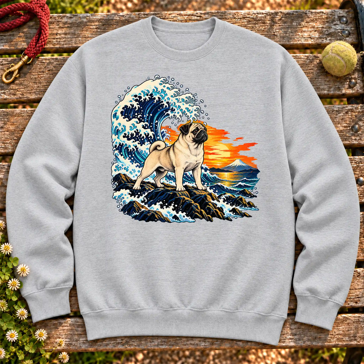 Pug dog with ocean waves, sunset and Mount Fuji on a Sport Grey Gildan crewneck sweatshirt