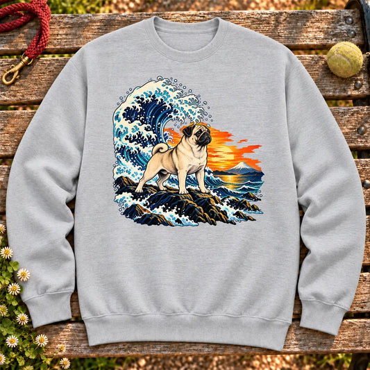 Pug dog with ocean waves, sunset and Mount Fuji on a Sport Grey Gildan crewneck sweatshirt