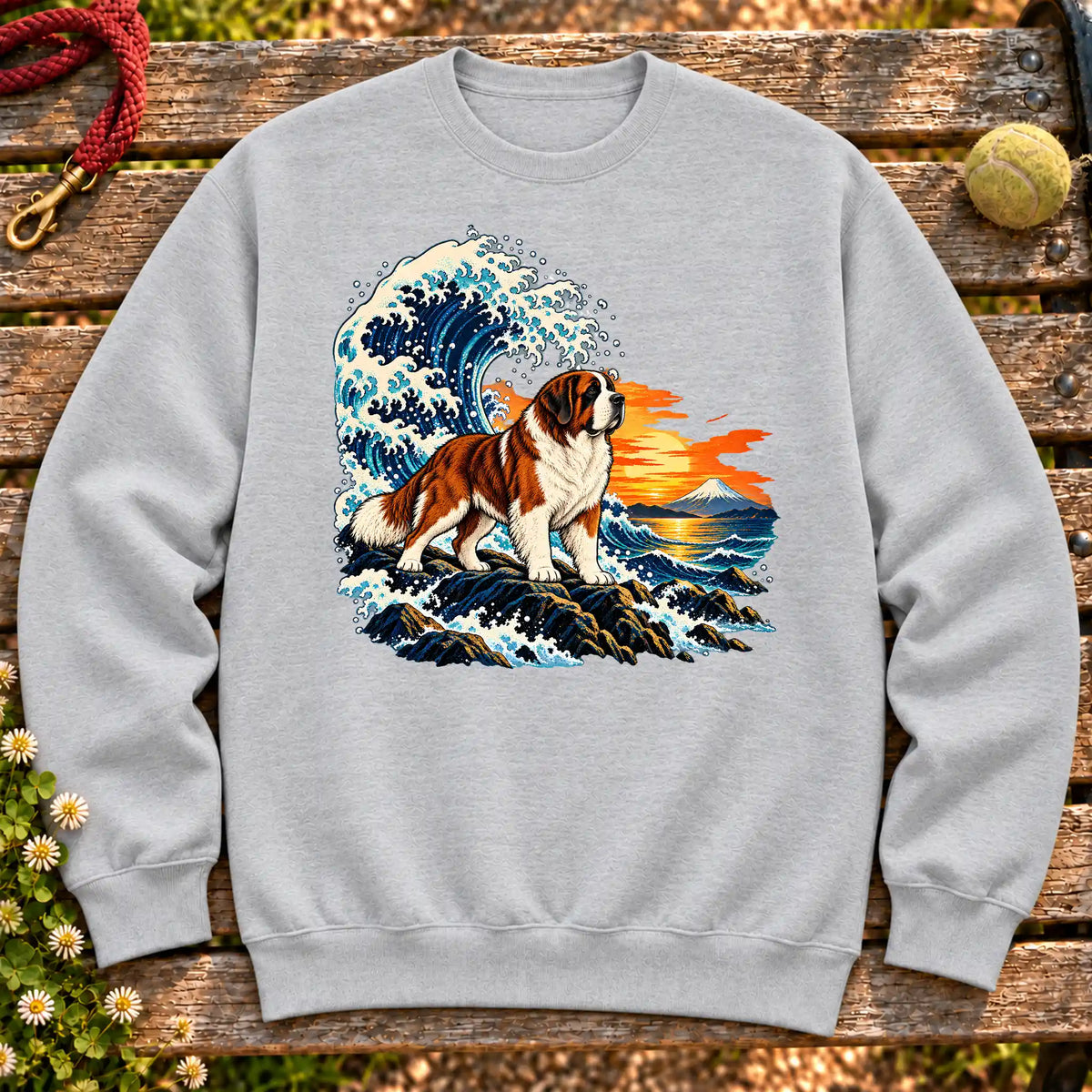 Saint Bernard dog with ocean waves, sunset and Mount Fuji on a Sport Grey Gildan crewneck sweatshirt
