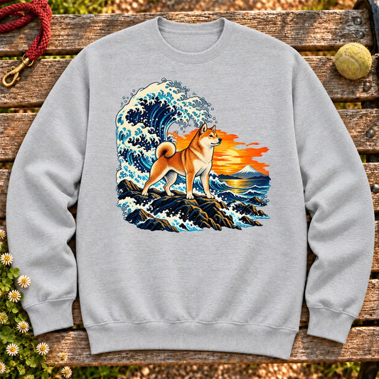 Shiba Inu dog with ocean waves, sunset and Mount Fuji on a Sport Grey Gildan crewneck sweatshirt