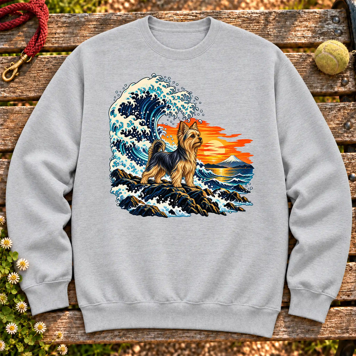 Yorkie dog with ocean waves, sunset and Mount Fuji on a Sport Grey Gildan crewneck sweatshirt