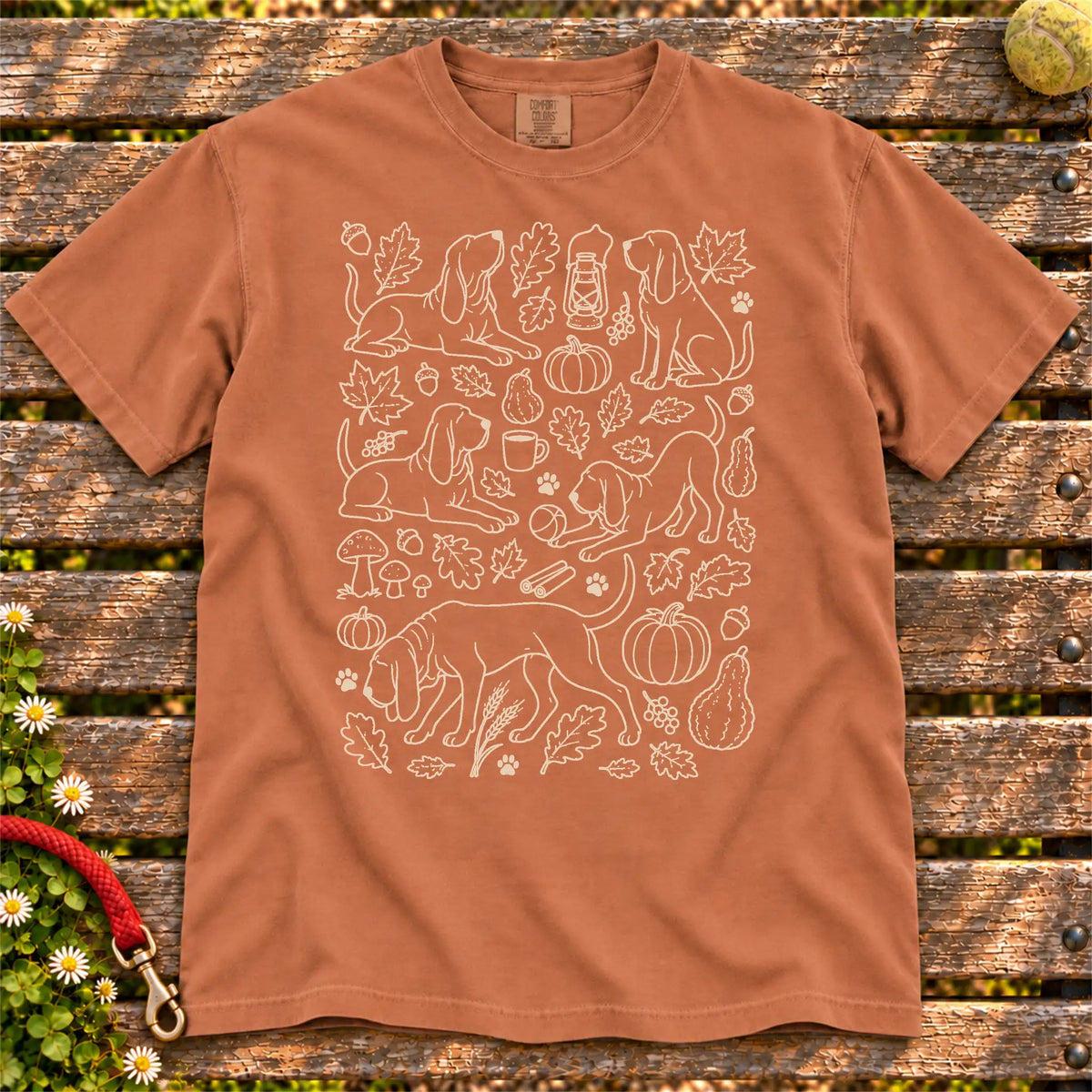 Autumn Bloodhound design on a Yam Comfort Colors T-shirt, shown flat