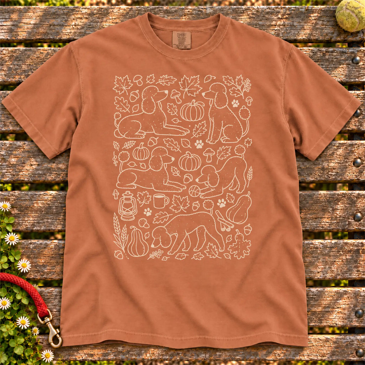 Autumn Poodle design on a Yam Comfort Colors T-shirt, shown flat