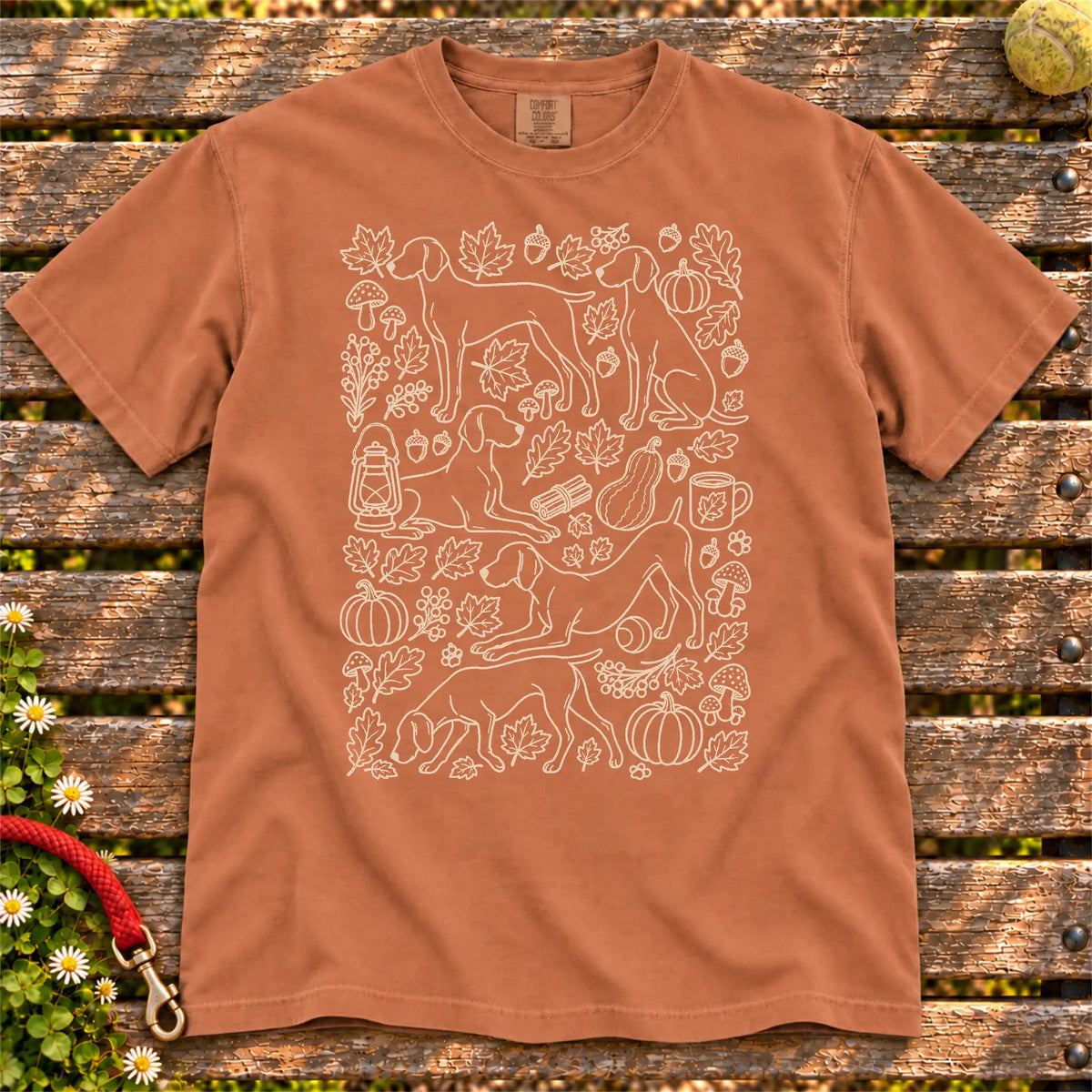 Autumn Weimaraner design on a Yam Comfort Colors T-shirt, shown flat