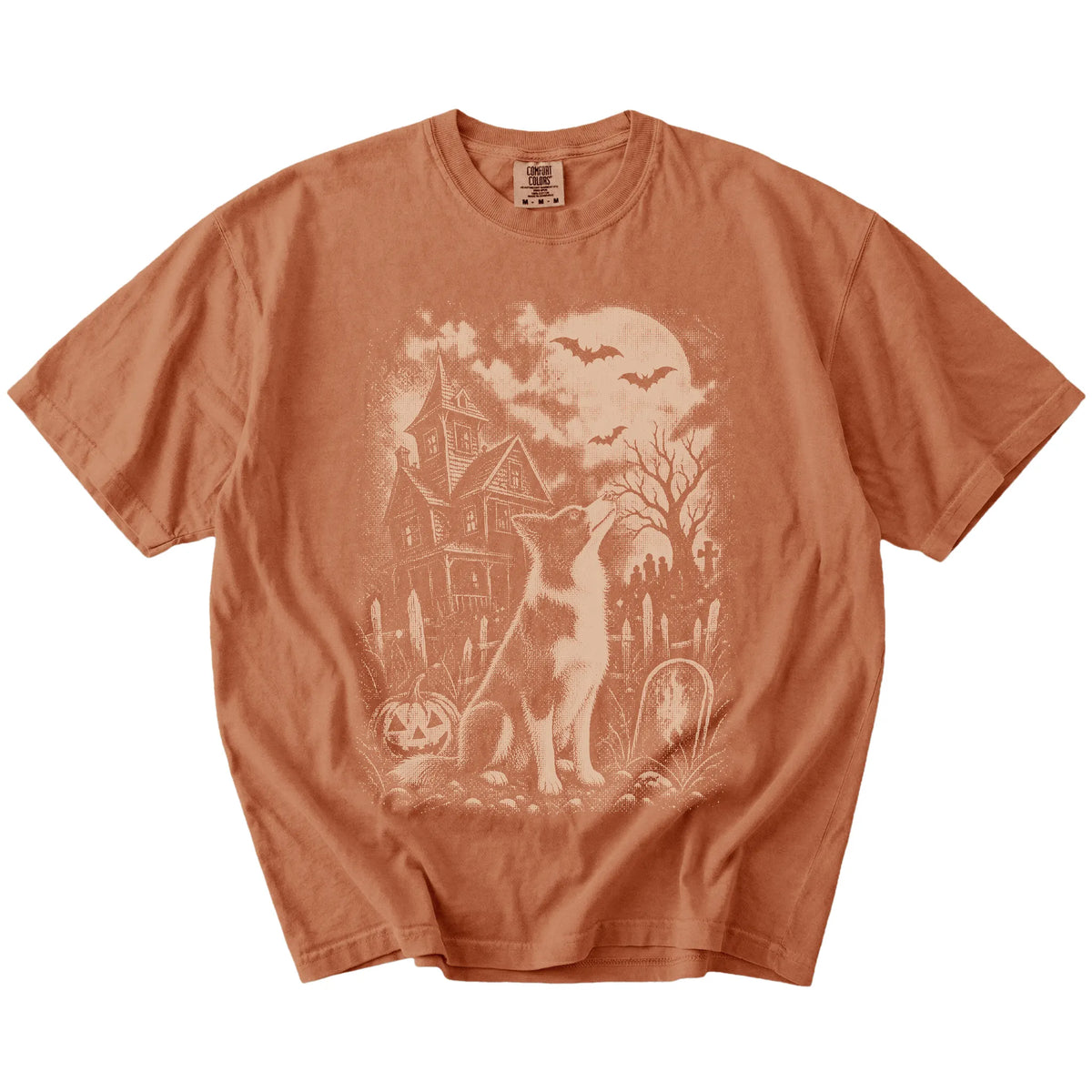 Border Collie in a vintage haunted-house scene on a Yam Comfort Colors® T-shirt