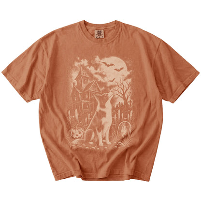 Border Collie in a vintage haunted-house scene on a Yam Comfort Colors® T-shirt