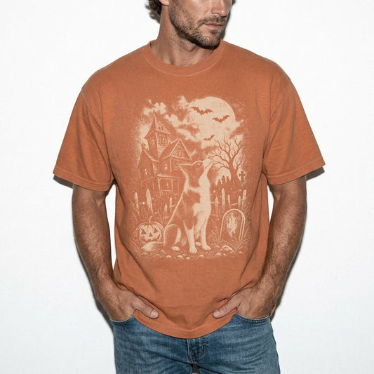 Model wearing a Yam Comfort Colors® T-shirt showing Border Collie in a vintage haunted-house scene