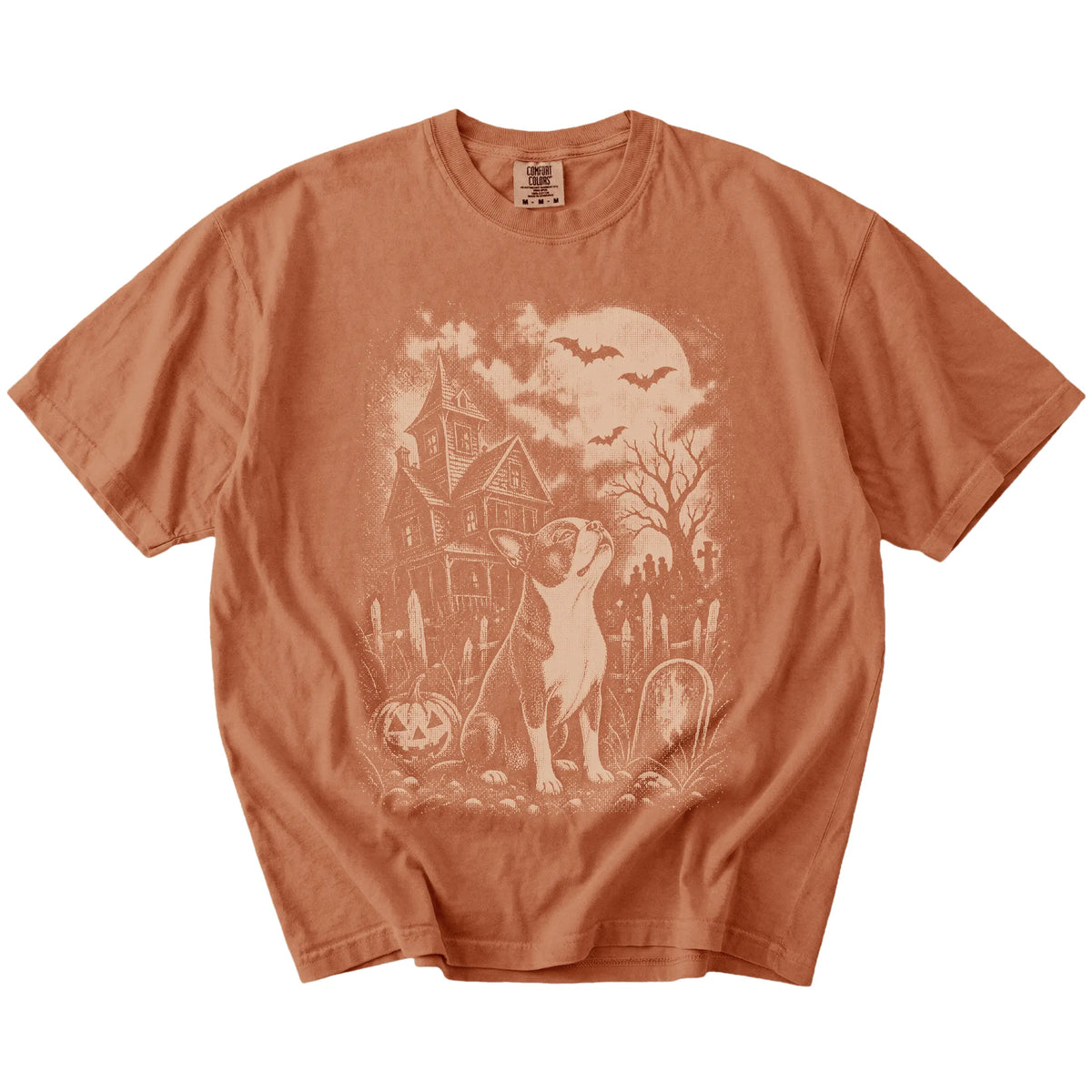Boston Terrier in a vintage haunted-house scene on a Yam Comfort Colors® T-shirt