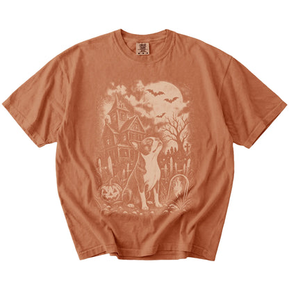 Boston Terrier in a vintage haunted-house scene on a Yam Comfort Colors® T-shirt