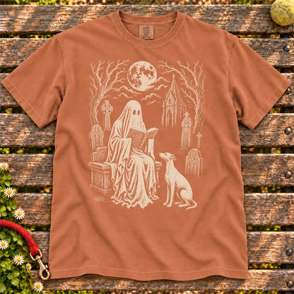 Whippet beside a reading ghost in a moonlit graveyard on a Yam Comfort Colors® T-shirt