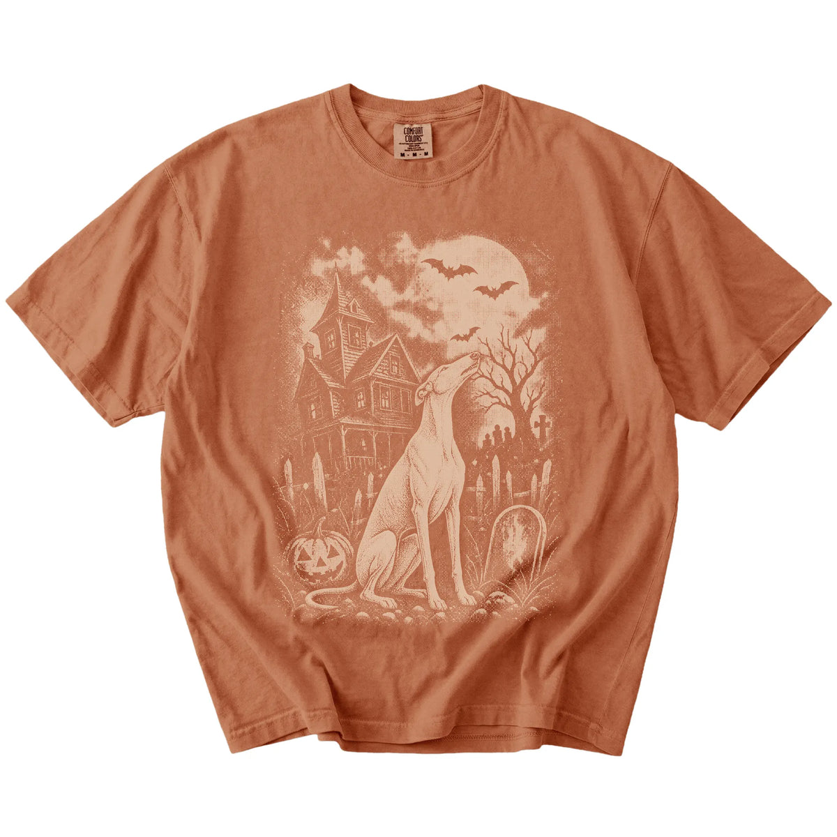 Greyhound in a vintage haunted-house scene on a Yam Comfort Colors® T-shirt