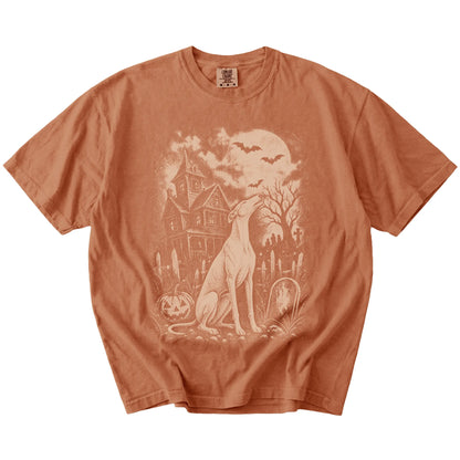 Greyhound in a vintage haunted-house scene on a Yam Comfort Colors® T-shirt
