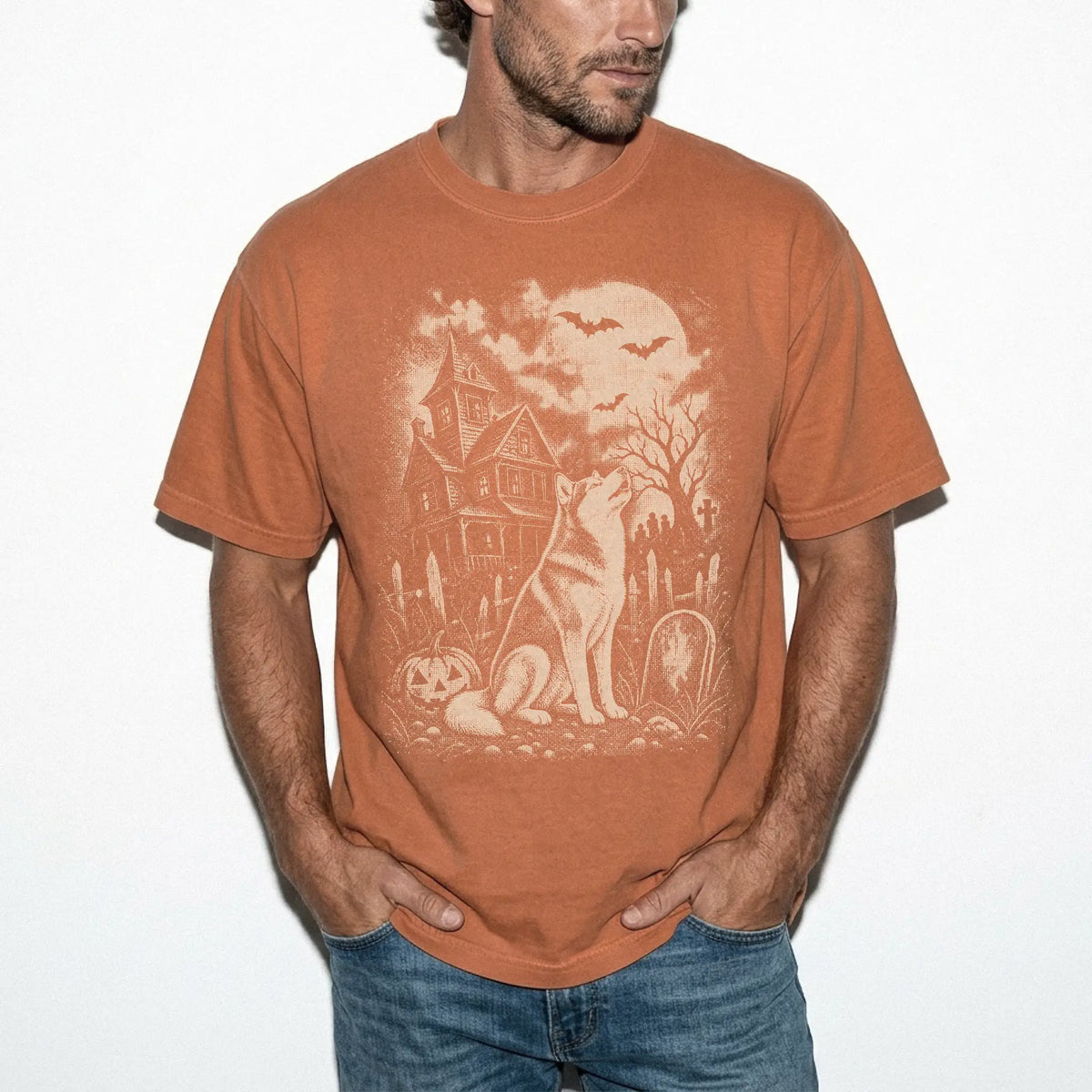 Model wearing a Yam Comfort Colors® T-shirt showing Husky in a vintage haunted-house scene