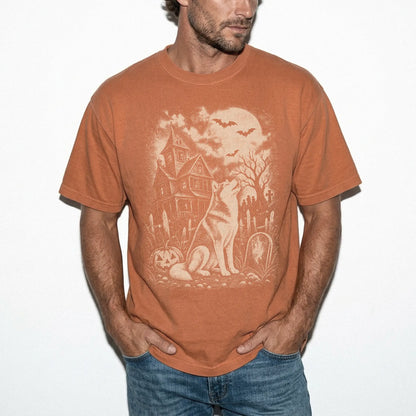 Model wearing a Yam Comfort Colors® T-shirt showing Husky in a vintage haunted-house scene