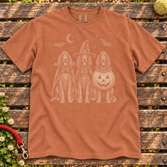 Three Irish Setter dogs dressed for Halloween beneath bats and a crescent moon on a Yam Comfort Colors® T-shirt