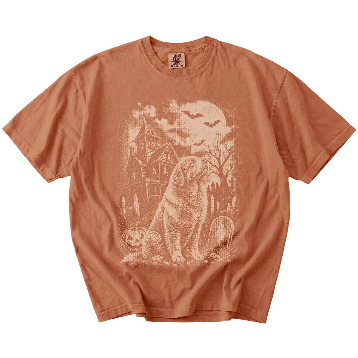 Newfie in a vintage haunted-house scene on a Yam Comfort Colors® T-shirt