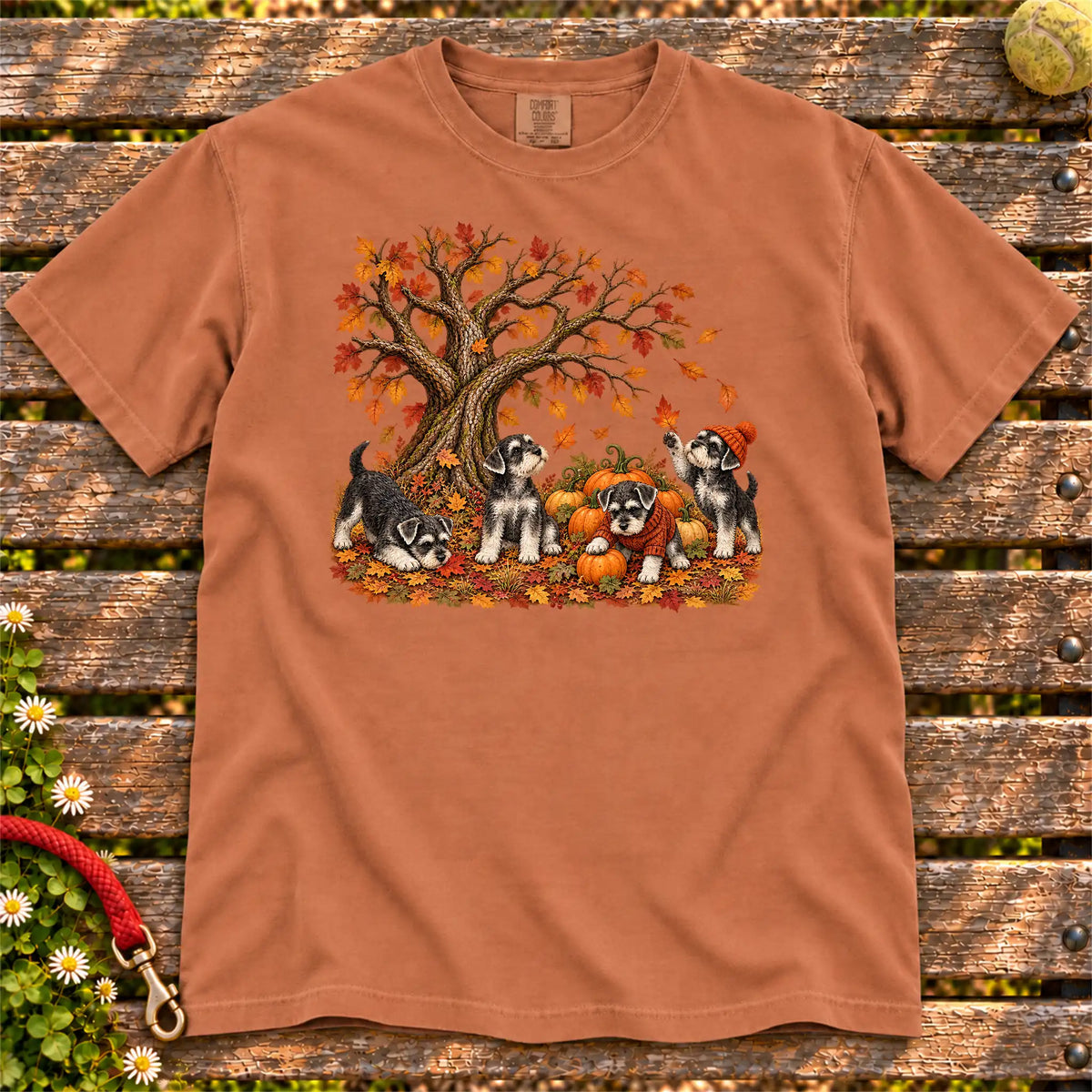 Schnauzer puppies in an autumn pumpkin patch on a Yam garment-dyed T-shirt