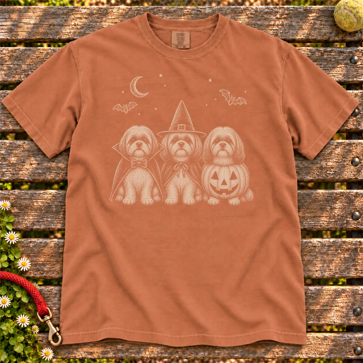 Three Shih Tzu dogs dressed for Halloween beneath bats and a crescent moon on a Yam Comfort Colors® T-shirt