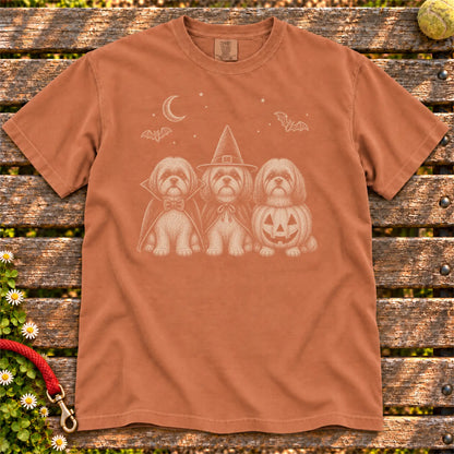 Three Shih Tzu dogs dressed for Halloween beneath bats and a crescent moon on a Yam Comfort Colors® T-shirt