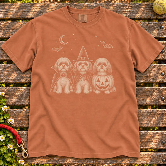 Three Shih Tzu dogs dressed for Halloween beneath bats and a crescent moon on a Yam Comfort Colors® T-shirt