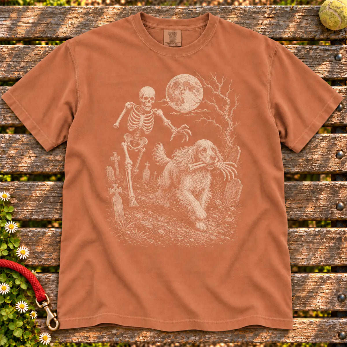 Cocker Spaniel running from a skeleton on a Yam Comfort Colors® T-shirt