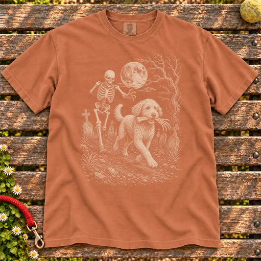 Labradoodle running from a skeleton on a Yam Comfort Colors® T-shirt