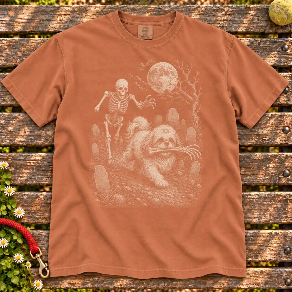 Shih Tzu running from a skeleton on a Yam Comfort Colors® T-shirt