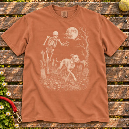 Whippet running from a skeleton on a Yam Comfort Colors® T-shirt