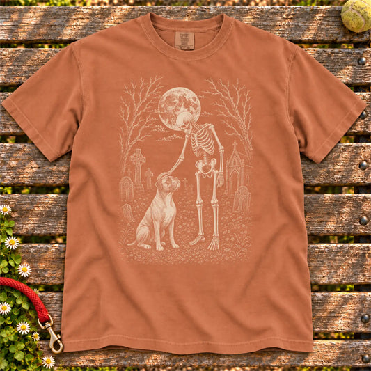 Boxer sharing a quiet cemetery moment with a friendly skeleton on a Yam Comfort Colors® T-shirt