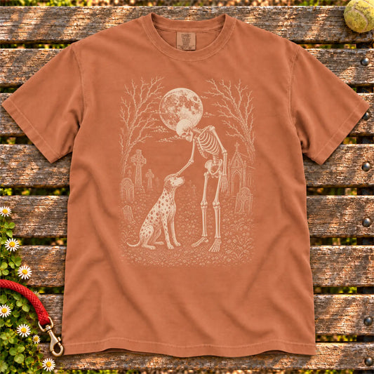 Dalmatian sharing a quiet cemetery moment with a friendly skeleton on a Yam Comfort Colors® T-shirt