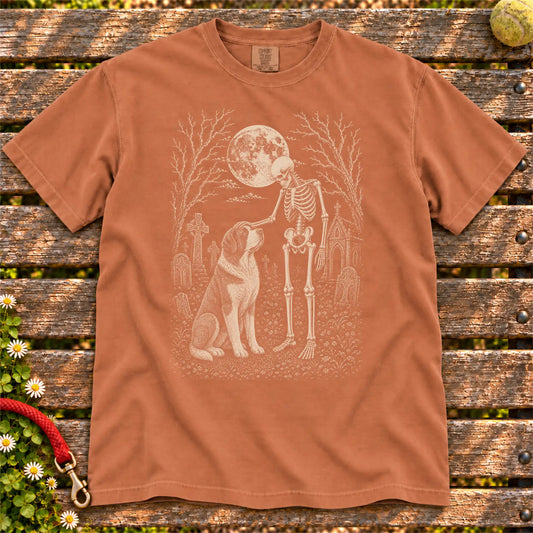 Saint Bernard sharing a quiet cemetery moment with a friendly skeleton on a Yam Comfort Colors® T-shirt