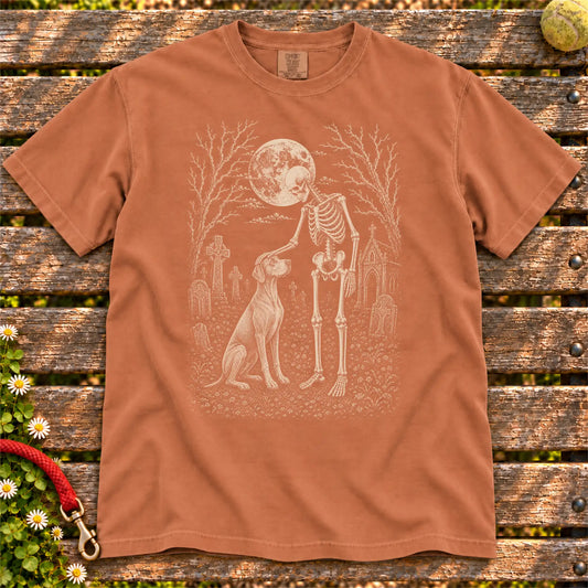 Vizsla sharing a quiet cemetery moment with a friendly skeleton on a Yam Comfort Colors® T-shirt