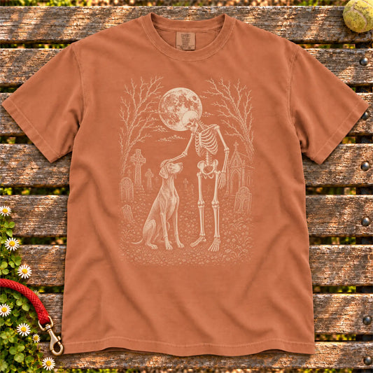Weimaraner sharing a quiet cemetery moment with a friendly skeleton on a Yam Comfort Colors® T-shirt
