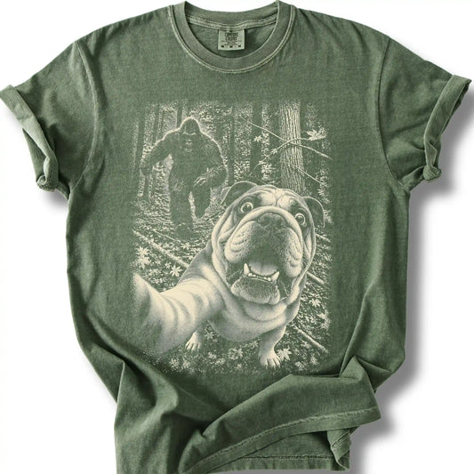 Bigfoot Selfie English Bulldog design on a moss T-shirt.