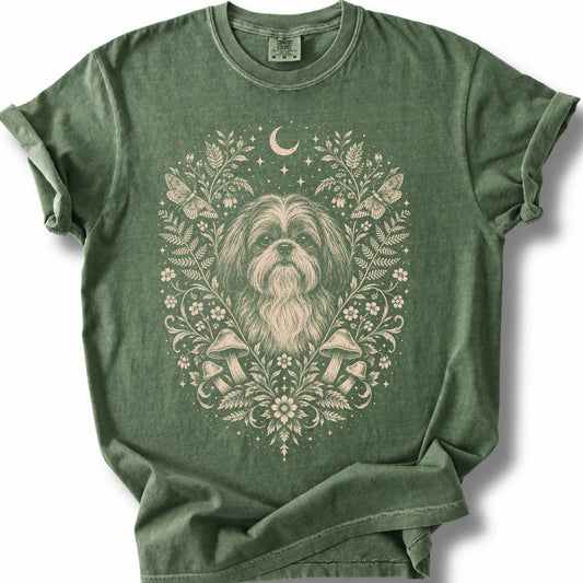 Shih Tzu Cottagecore design on a moss T-shirt.