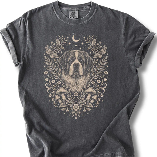 Saint Bernard Cottagecore design on a pepper T-shirt.