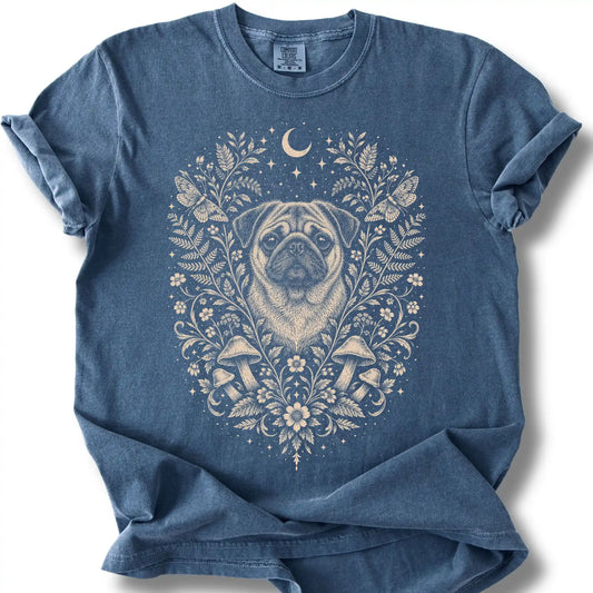 Pug Cottagecore design on a denim T-shirt.