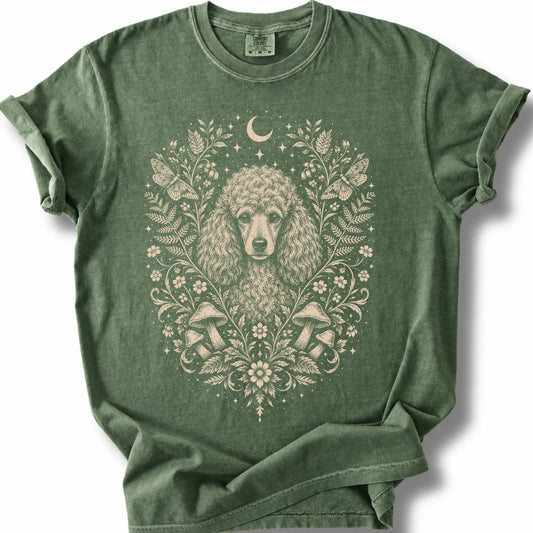 Poodle Cottagecore design on a moss T-shirt.