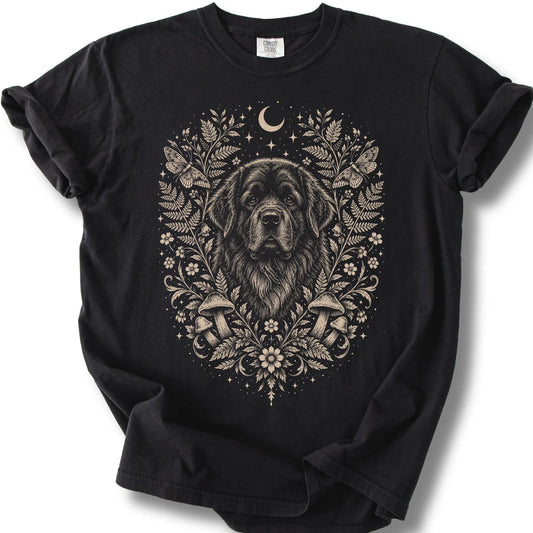 Newfie Cottagecore design on a black T-shirt.