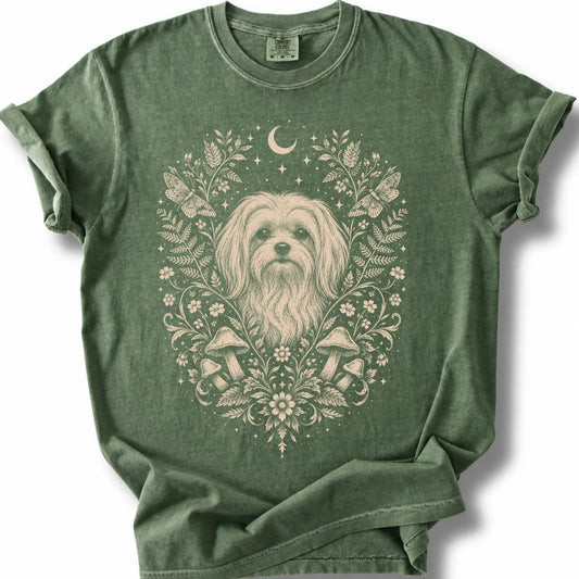 Maltese Cottagecore design on a moss T-shirt.