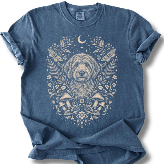 Labradoodle Cottagecore design on a denim T-shirt.
